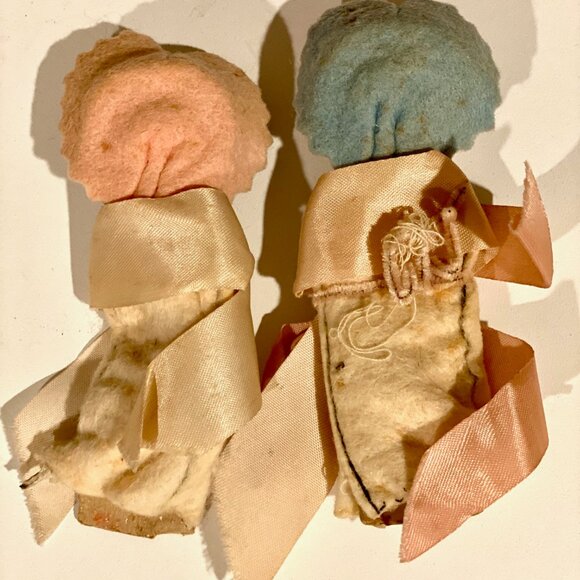 Vintage Set of 2 Baby Dolls - Painted Plaster Faces & Ribbon/Felt Wrapped Bodies - Picture 4 of 6